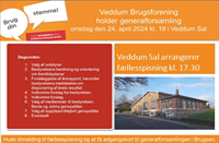 Veddum Brugsforening holder generalforsamling onsdag den 24. april 2024 kl. 19 i Kulturhuset Veddum Sal af 1884.