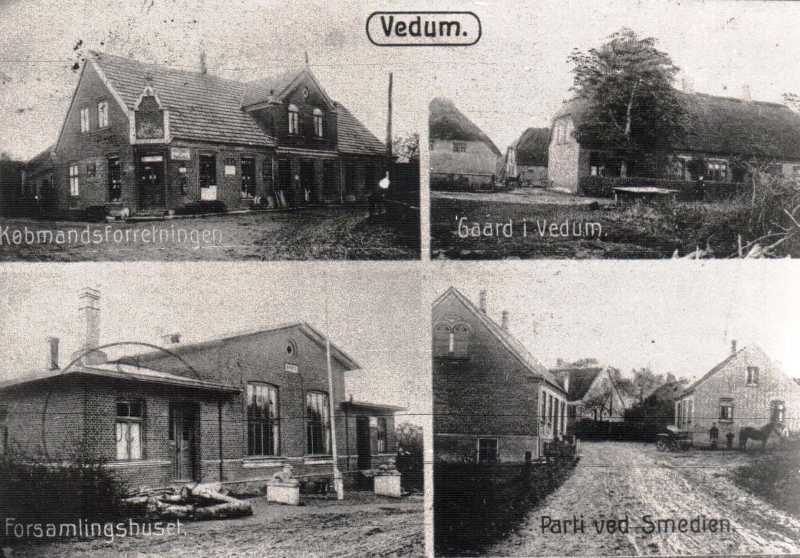 Postkort ca. 1918. Købmanden Sadelmagervej 2, En gård?, Salen og Hovedgaden ved smedien