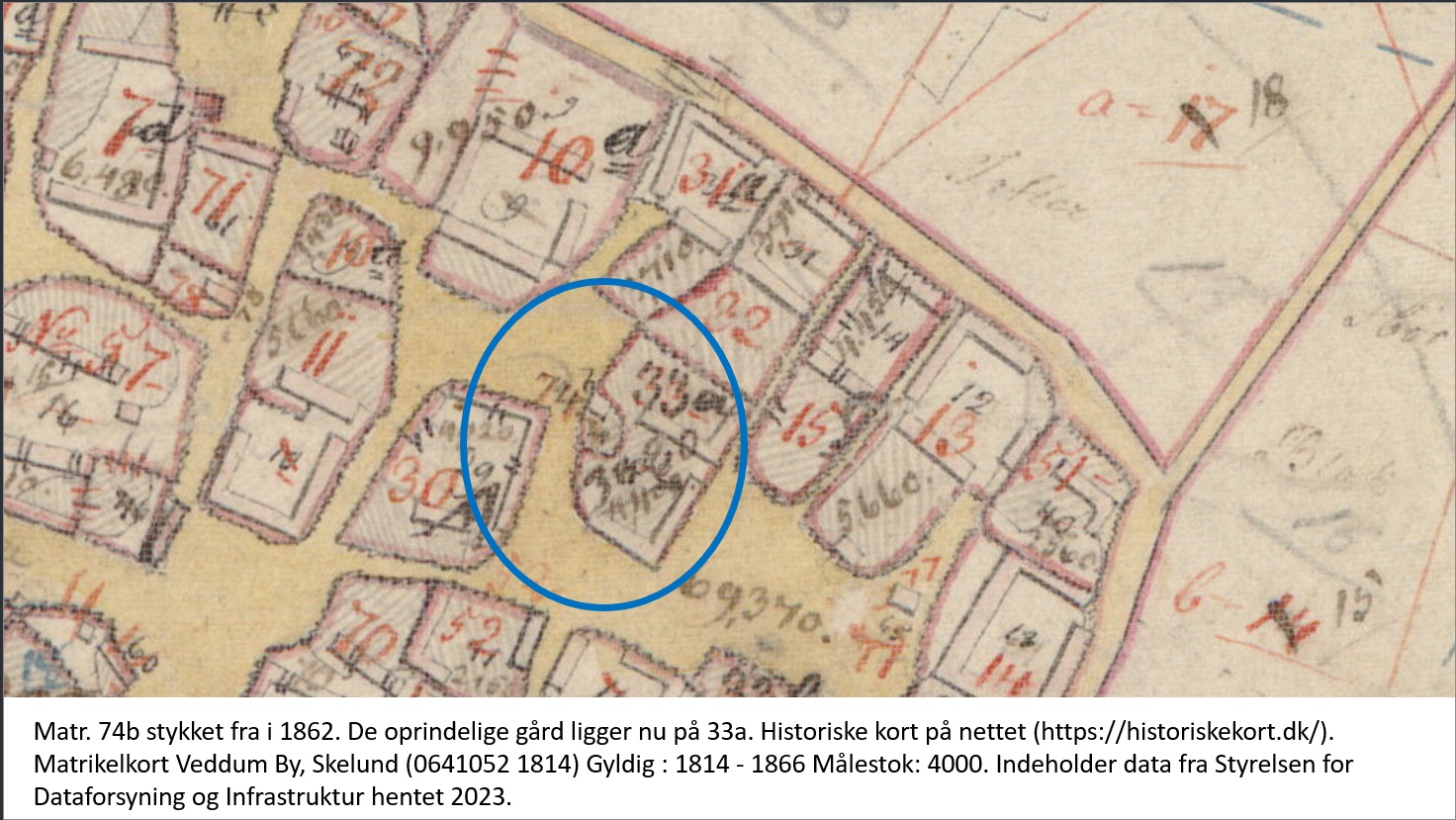 Historiske kort på nettet (https://historiskekort.dk/). Matrikelkort Veddum By, Skelund (0641052 1814) Gyldig : 1814 - 1866 Målestok: 4000. Indeholder data fra Styrelsen for Dataforsyning og Infrastruktur hentet 2023.