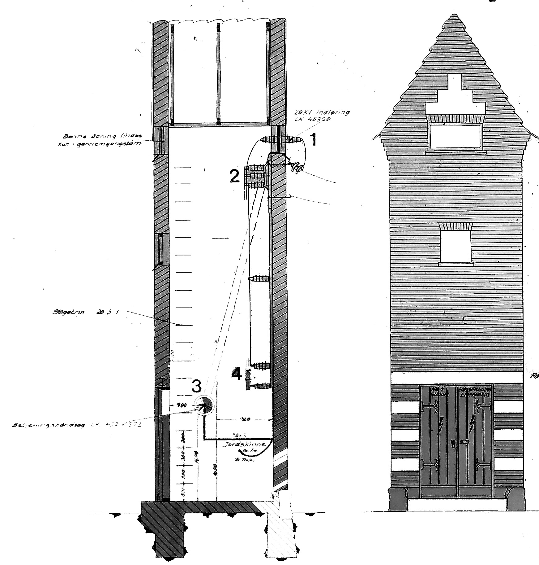 Tegning af transformatortårnet på Hyltvej