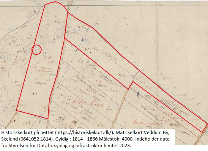 Historiske kort på nettet (https://historiskekort.dk/). Matrikelkort Veddum By, Skelund (0641052 1814) Gyldig : 1814 - 1866 Målestok: 4000. Indeholder data fra Styrelsen for Dataforsyning og Infrastruktur hentet 2023.