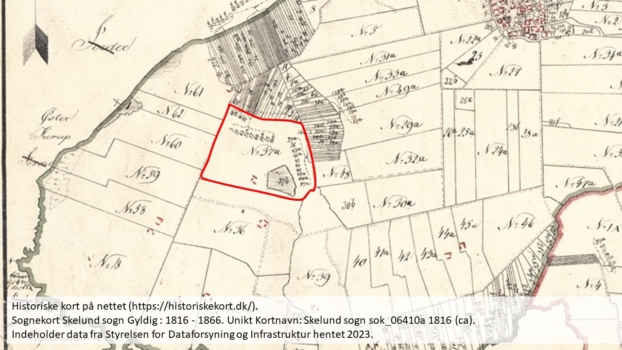 Matr. 37a. Historiske kort på nettet (https://historiskekort.dk/). 
Sognekort Skelund sogn Gyldig : 1816 - 1866. Unikt Kortnavn: Skelund sogn sok_06410a 1816 (ca). 
Indeholder data fra Styrelsen for Dataforsyning og Infrastruktur hentet 2023.