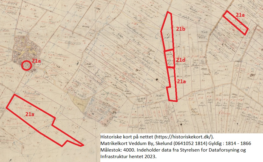 Den gamle gård og tilhørende jorde. Historiske kort på nettet (https://historiskekort.dk/). Matrikelkort Veddum By, Skelund (0641052 1814) Gyldig : 1814 - 1866 Målestok: 4000. Indeholder data fra Styrelsen for Dataforsyning og Infrastruktur hentet 2023.