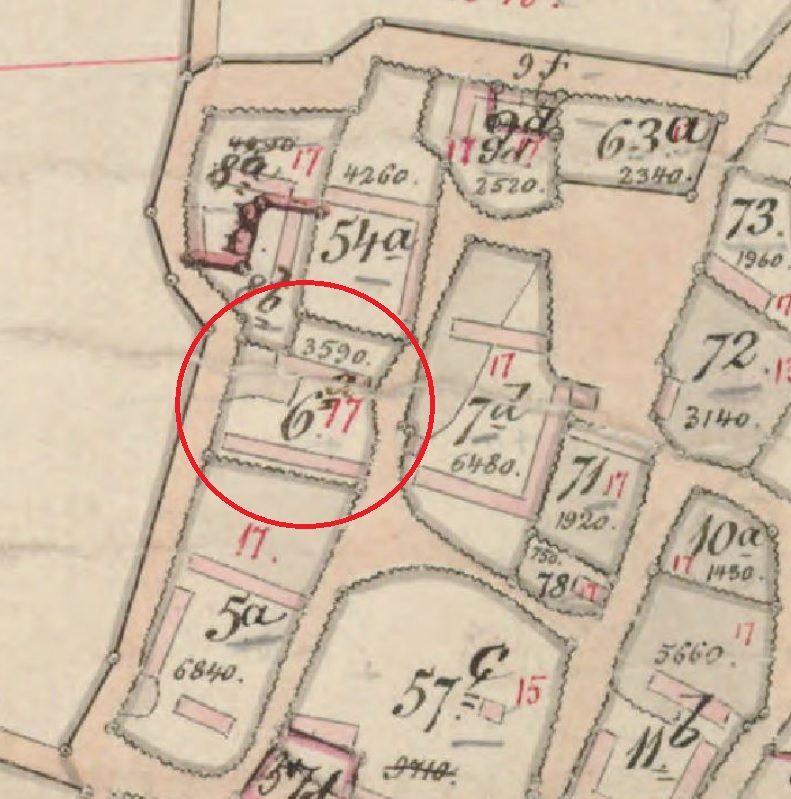 Gården på matr. 6a. Historiske kort på nettet (https://historiskekort.dk/). Matrikelkort Veddum By, Skelund (0641052) Gyldig : 1866 - 1896 Målestok: 4000. Indeholder data fra Styrelsen for Dataforsyning og Infrastruktur hentet 2023.