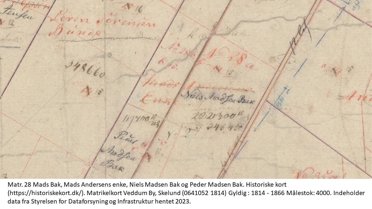 Matr. 28 Mads Bak, Mads Andersens enke, Niels Madsen Bak og Peder Madsen Bak. Historiske kort (https://historiskekort.dk/). Matrikelkort Veddum By, Skelund (0641052 1814) Gyldig : 1814 - 1866 Målestok: 4000. Indeholder data fra Styrelsen for Dataforsyning og Infrastruktur hentet 2023. 