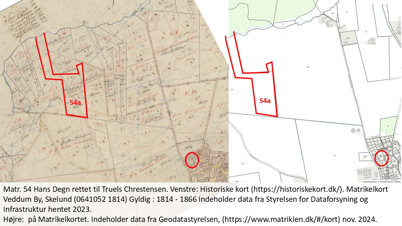 Gården og tilhørende marker. Nr. 49 er rettet til 64 og Lars Degn rettet til Christen Larsen. Historiske kort på nettet (https://historiskekort.dk/). Matrikelkort Veddum By, Skelund (0641052 1814) Gyldig : 1814 - 1866 Målestok: 4000. Indeholder data fra Styrelsen for Dataforsyning og Infrastruktur hentet 2023.