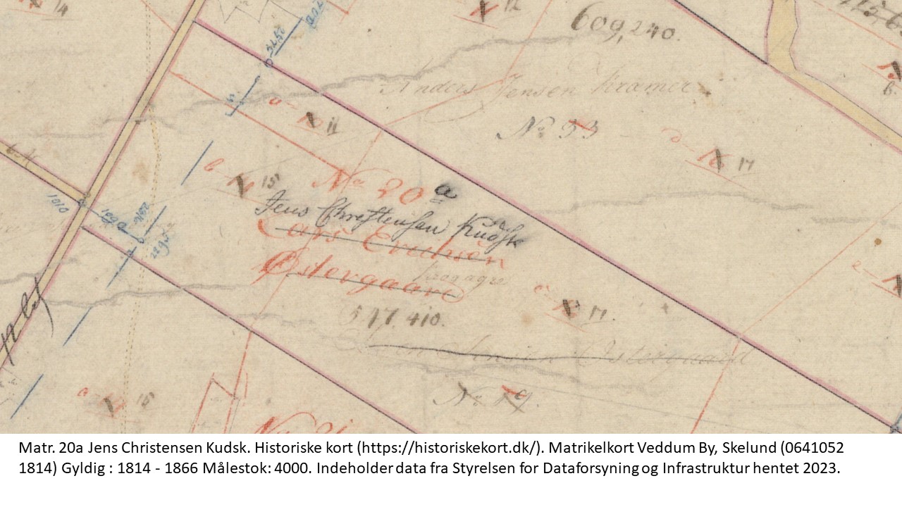 Matr. 20a Jens Christensen Kudsk. Historiske kort (https://historiskekort.dk/). Matrikelkort Veddum By, Skelund (0641052 1814) Gyldig : 1814 - 1866 Målestok: 4000. Indeholder data fra Styrelsen for Dataforsyning og Infrastruktur hentet 2023.