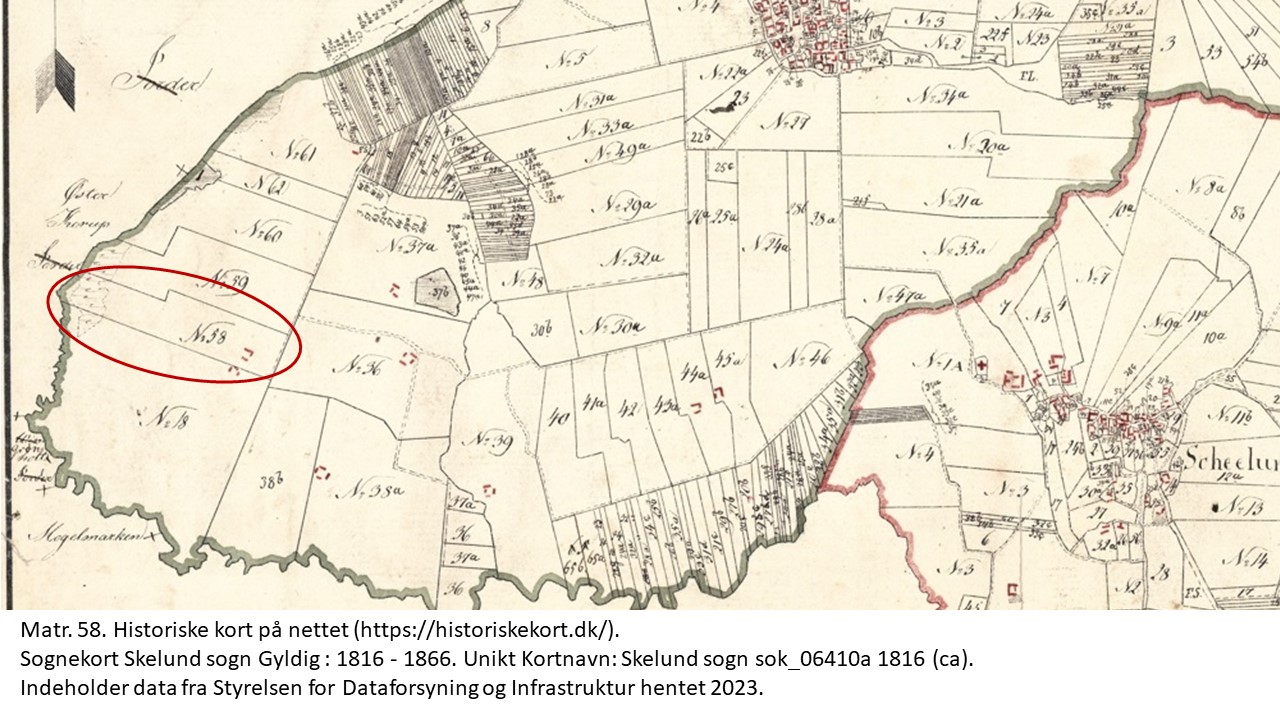 Matr. 58. Historiske kort på nettet (https://historiskekort.dk/). 
Sognekort Skelund sogn Gyldig : 1816 - 1866. Unikt Kortnavn: Skelund sogn sok_06410a 1816 (ca). 
Indeholder data fra Styrelsen for Dataforsyning og Infrastruktur hentet 2023.