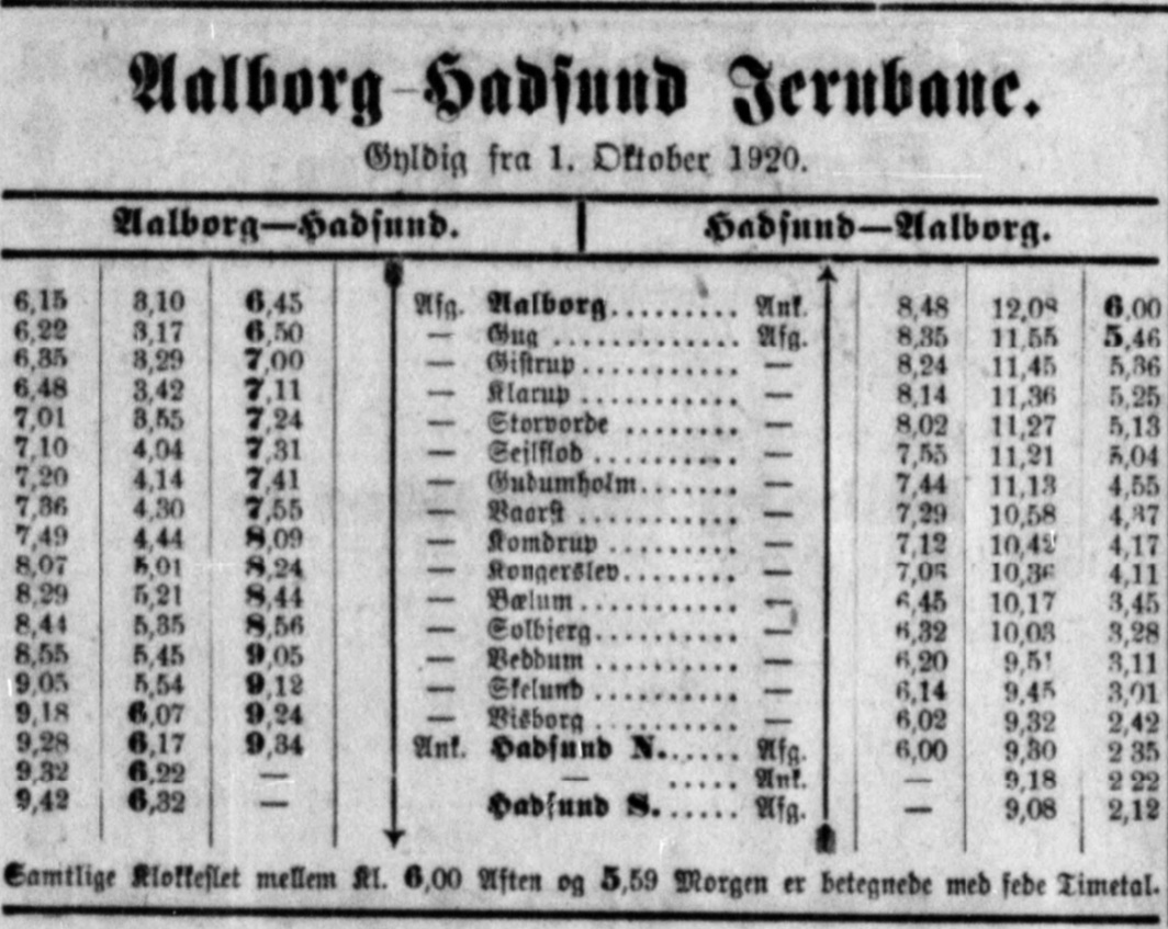 Togplan gældende fra 1/10 1920 fra Aalborg Stiftstidende 23/12 1920 Det Kgl. Biblioteks mediesamlinger
